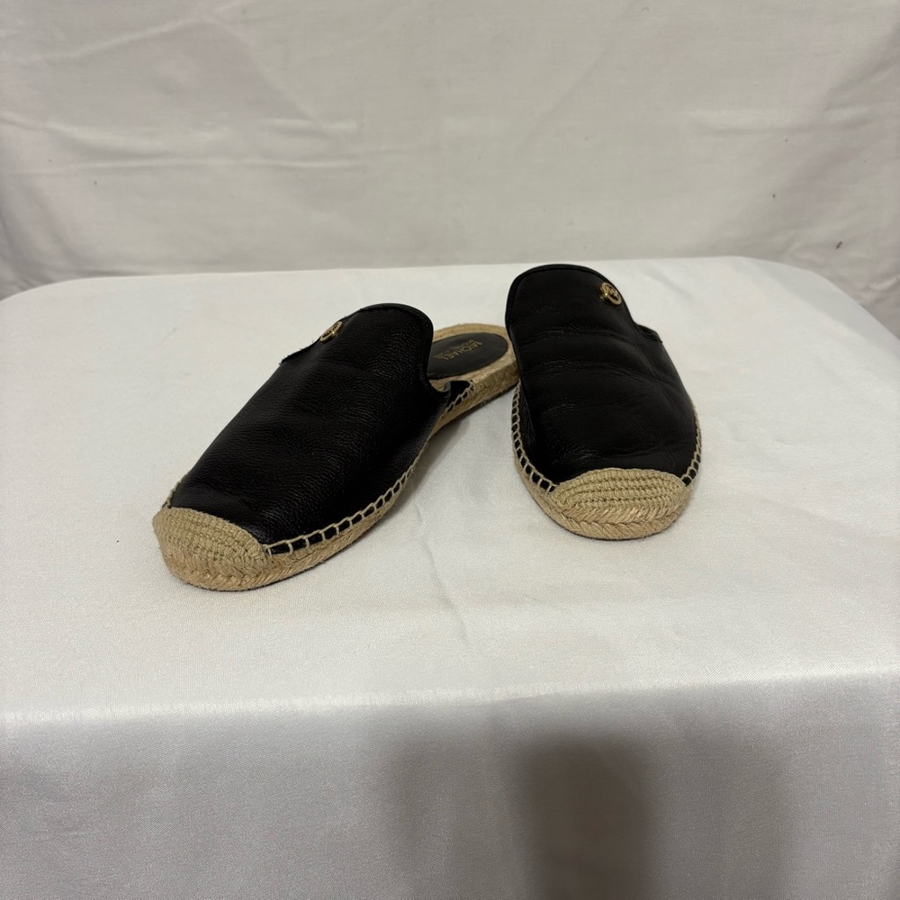 Michael Kors leather espadrille mules in black with gold-tone logo